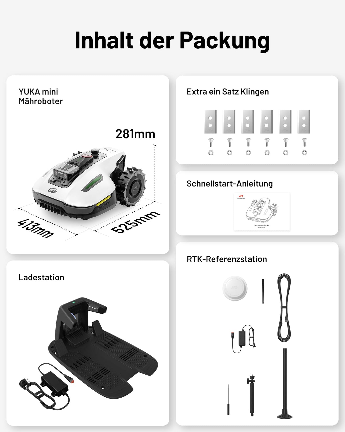 MAMMOTION YUKA Mini 500 Mähroboter ohne Begrenzungskabel, NetRTK+Vision, Keine RTK-Antenne erforderlich, Auto-Kartierung, Empf. 500m², Max. 700m², mit 4G-Modul, 50% Steigung