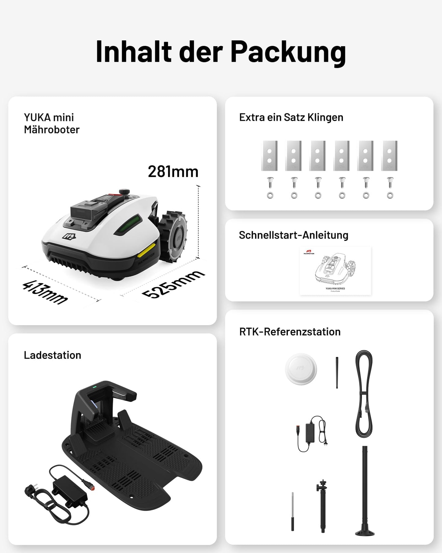 MAMMOTION YUKA Mini 500 Mähroboter ohne Begrenzungskabel, NetRTK+Vision, Keine RTK-Antenne erforderlich, Auto-Kartierung, Empf. 500m², Max. 700m², mit 4G-Modul, 50% Steigung