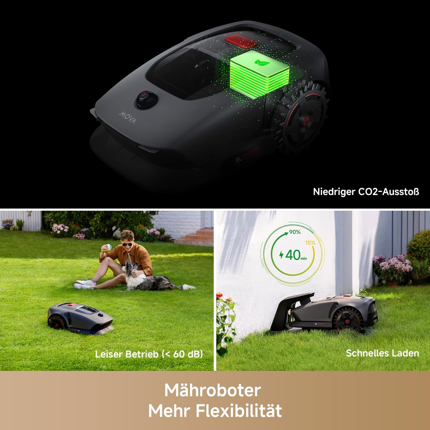 MOVA 1000, Dreame Mähroboter 3D-LiDAR kabellose Einrichtung & genaue Kartierung bis 1.000 m², Smarte Hindernisvermeidung, App-Steuerung, Verbesserte Geländeräder, U-förmiges Schneiden, Schnelles Laden