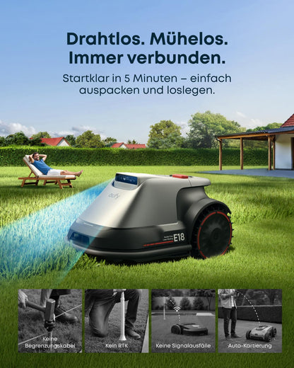 eufy E18 Mähroboter ohne Begrenzungskabel, Keine Signalausfälle, Kein RTK, TrueVision Technologie, GNSS System, Garten bis 1200m², Präzisionsrandschnitt, Hindernisvermeidung, App-Steuerung