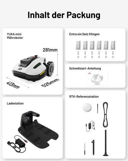 MAMMOTION YUKA Mini 500 Mähroboter ohne Begrenzungskabel, NetRTK+Vision, Keine RTK-Antenne erforderlich, Auto-Kartierung, Empf. 500m², Max. 700m², mit 4G-Modul, 50% Steigung