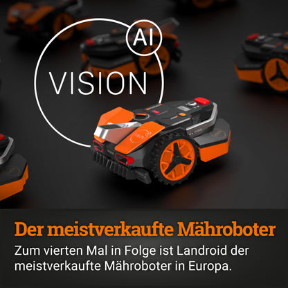 WORX Landroid Vision L1600 Mähroboter WR216E.1 für Gärten bis 1600m², AI Rasenmäher Roboter ohne Begrenzungskabel, aktive Hindernisvermeidung mit KI-Technologie, Igelschutz + WA0825 Vision Garage