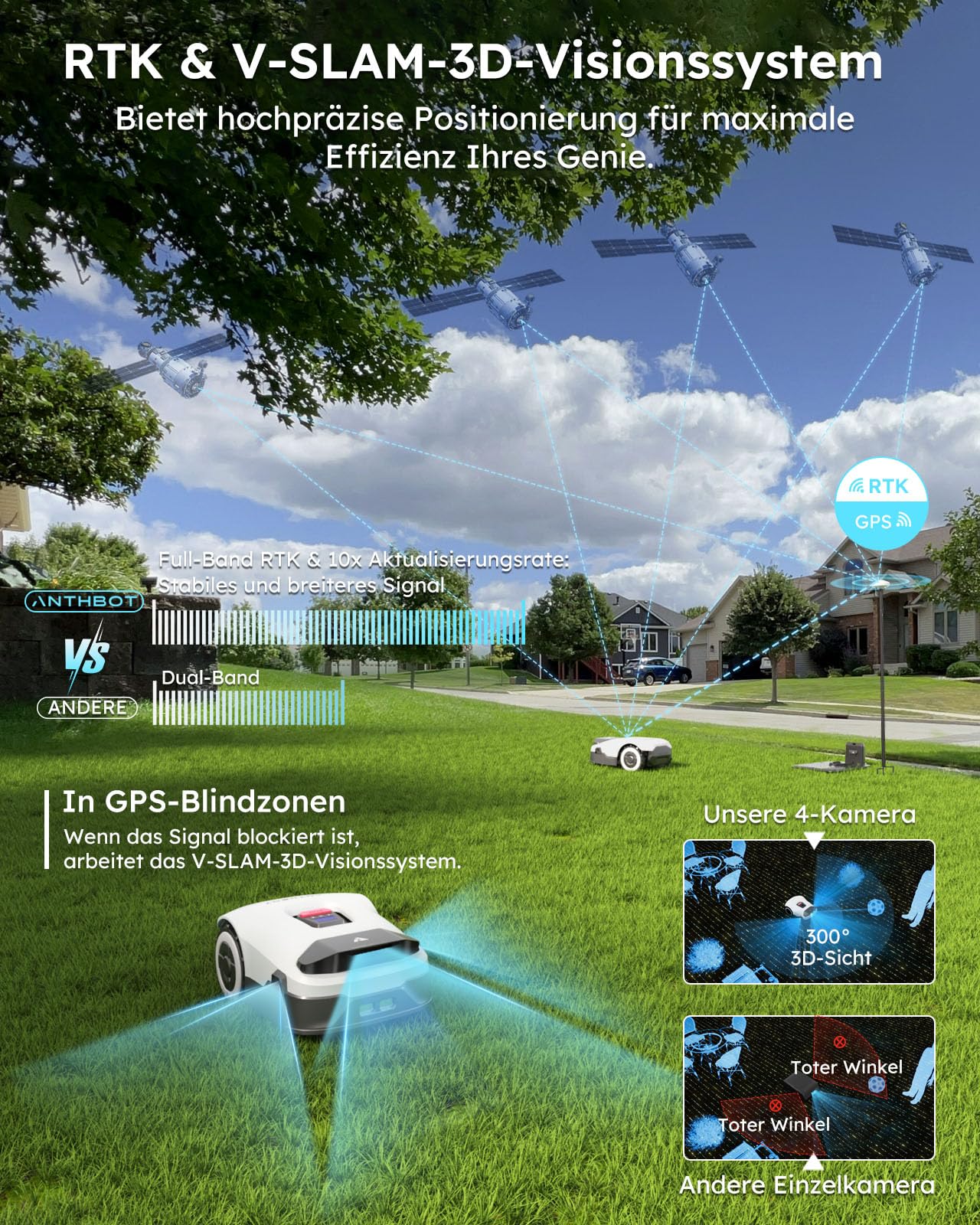 ANTHBOT Genie Mähroboter ohne Begrenzungskabel 3000 m², Full Band RTK + 4-Augen-Vision Roboter-Rasenmäher, 30+ Mehrzonen-Management, KI-Intelligente Hindernisvermeidung & Rasenpflege - Genie 3000