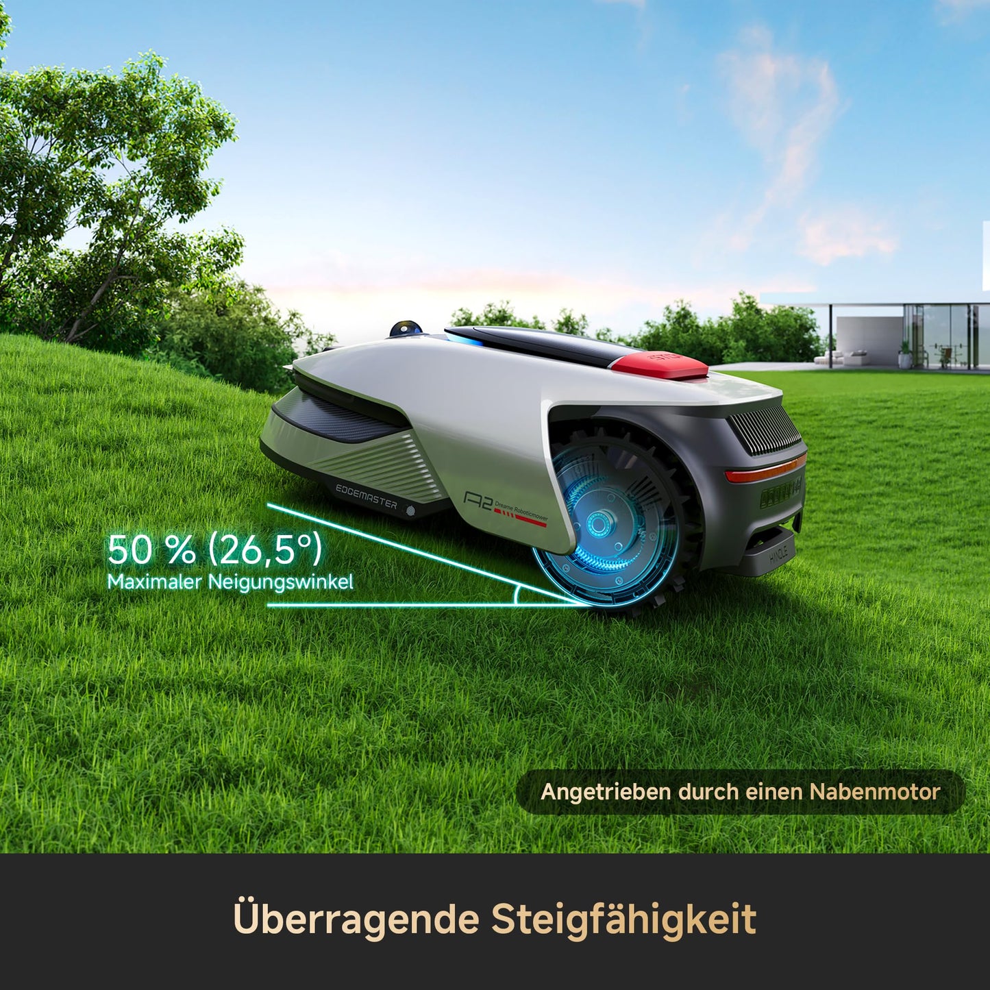 DREAME Mähroboter A2 und Garage, Auto Begrenzungseinrichtung, 3000 m²,Dual Fusion Kartierung, OmniSense 2.0 Hindernisvermeidung, EdgeMaste Schneidsystem, Leiser Nabenmotor, Steigung bis 26,5°