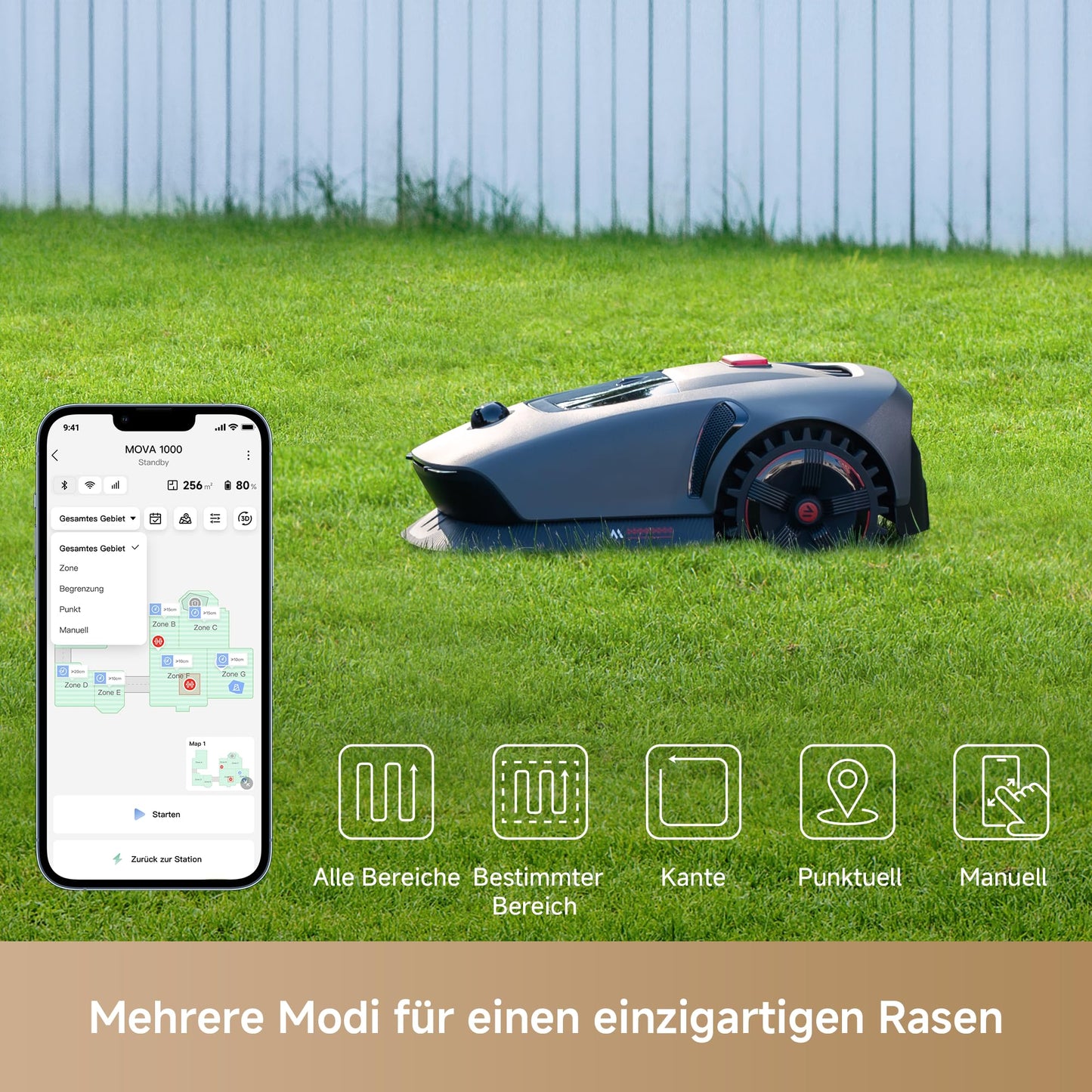 MOVA 1000, Mähroboter 3D-LiDAR kabellose Einrichtung & genaue Kartierung bis 1.000 m², Smarte Hindernisvermeidung, App-Steuerung, Verbesserte Geländeräder