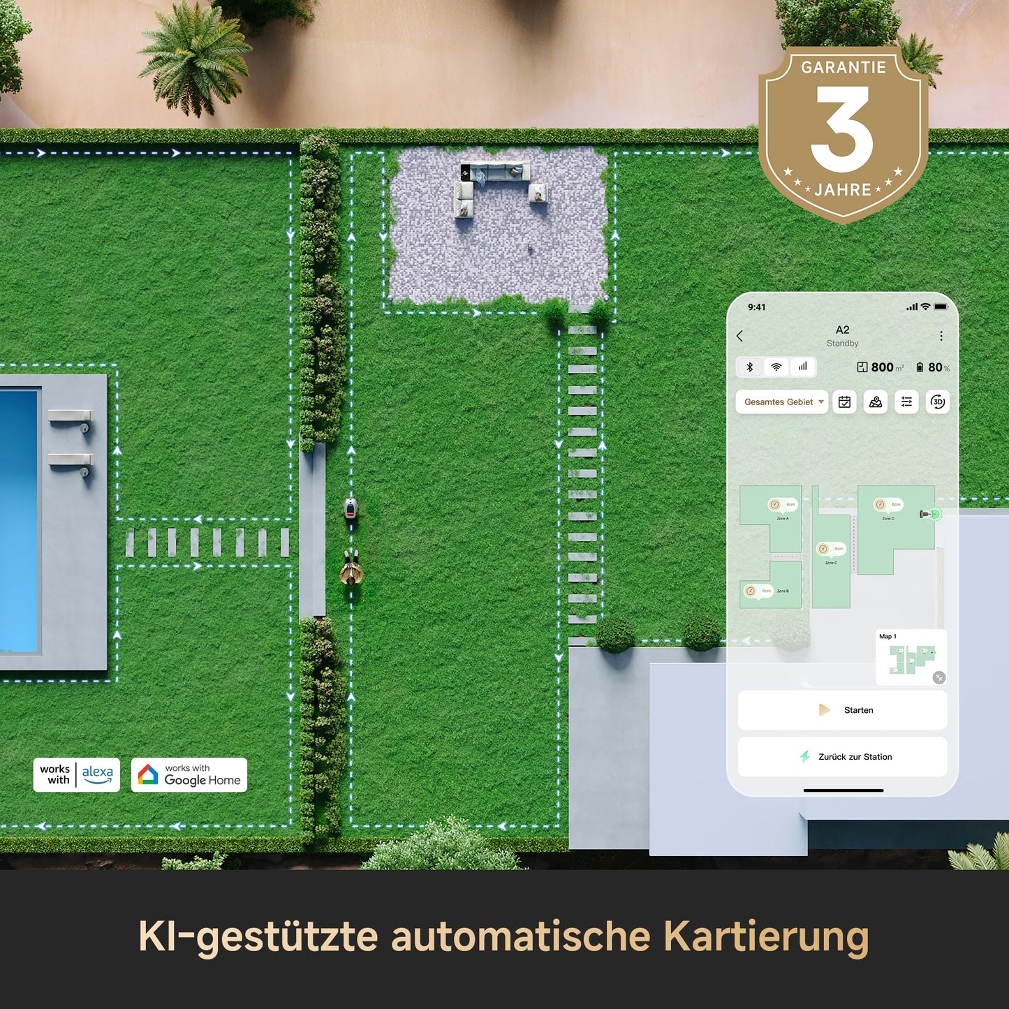 DREAME Mähroboter A2 und Garage, Auto Begrenzungseinrichtung, 3000 m²,Dual Fusion Kartierung, OmniSense 2.0 Hindernisvermeidung, EdgeMaste Schneidsystem, Leiser Nabenmotor, Steigung bis 26,5°