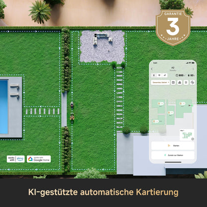 DREAME Mähroboter A2 und Garage, Auto Begrenzungseinrichtung, 3000 m²,Dual Fusion Kartierung, OmniSense 2.0 Hindernisvermeidung, EdgeMaste Schneidsystem, Leiser Nabenmotor, Steigung bis 26,5°